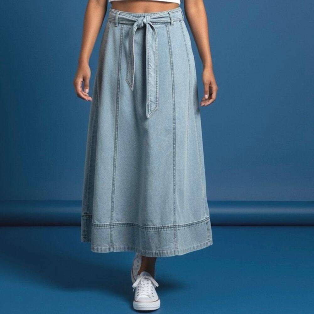 LOFT Denim Maxi Skirt Blue Light Wash jean Sash Tie Waist Size XS runs big